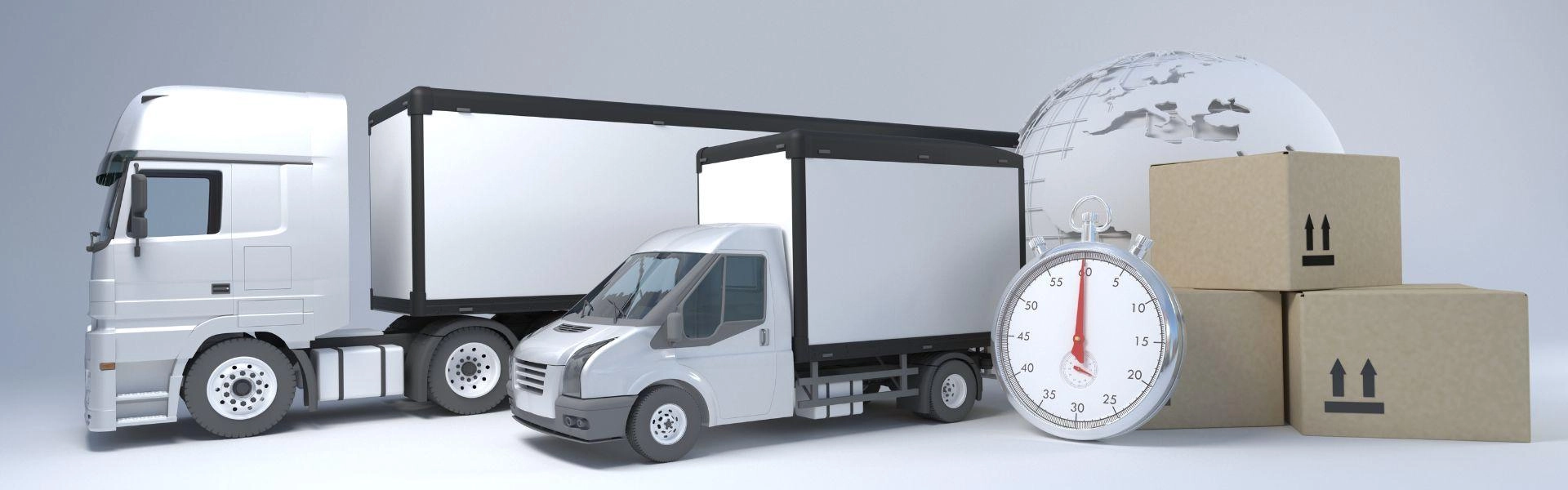 Conceito 3D de caminhão e um carro de entrega de mercadorias, junto com caixas de papelão simulando entrega.