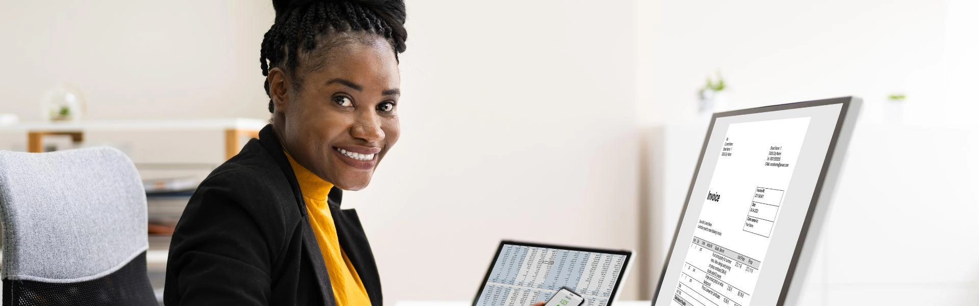 Mulher de negócios sorrindo para a câmera enquanto trabalha.