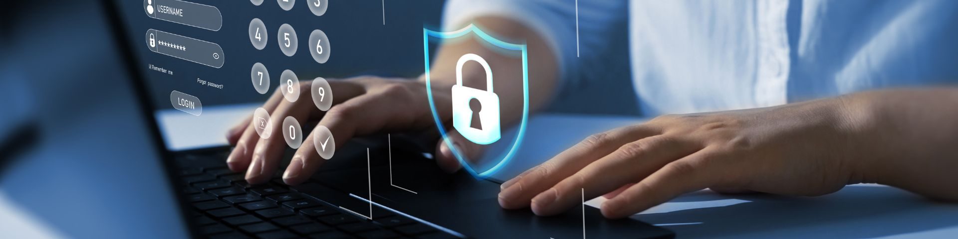 Representação gráfica de documentos e uma lista de tarefas que o certificado digital pode ser usado. Imagem tem como plano de fundo um empreendedor usando notebook.