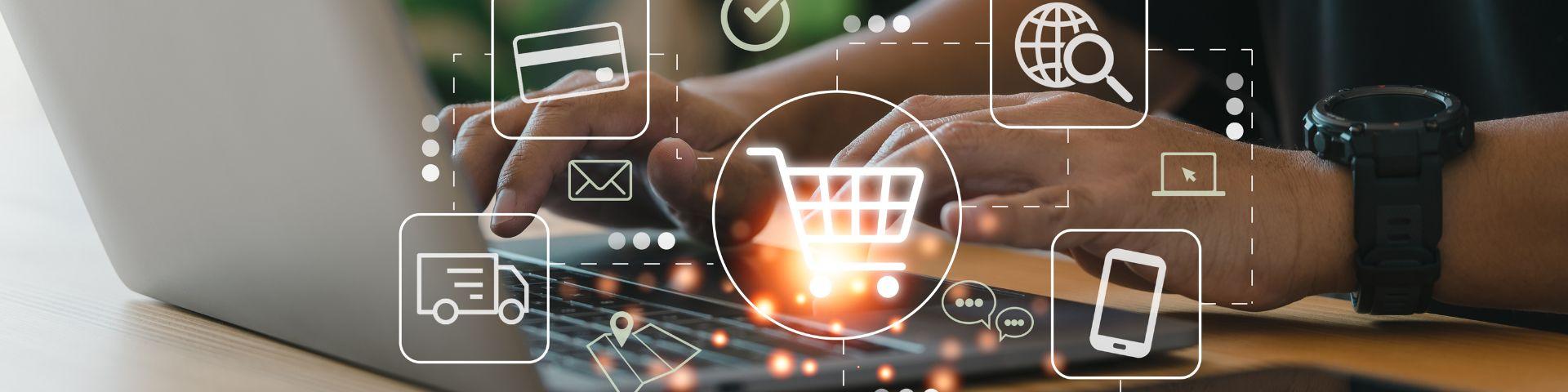 Profissional usa notebook para gerenciar loja online, com ícones digitais de e-commerce e pagamentos, simbolizando a criação de um site de vendas eficiente.