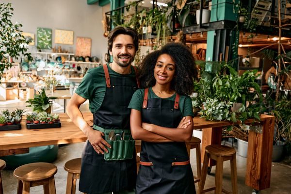 Casal sorridente de jardineiros em uma loja de plantas, rodeados por diversas espécies vegetais, destacando a beleza do ambiente. Ideal para promover a jardinagem.