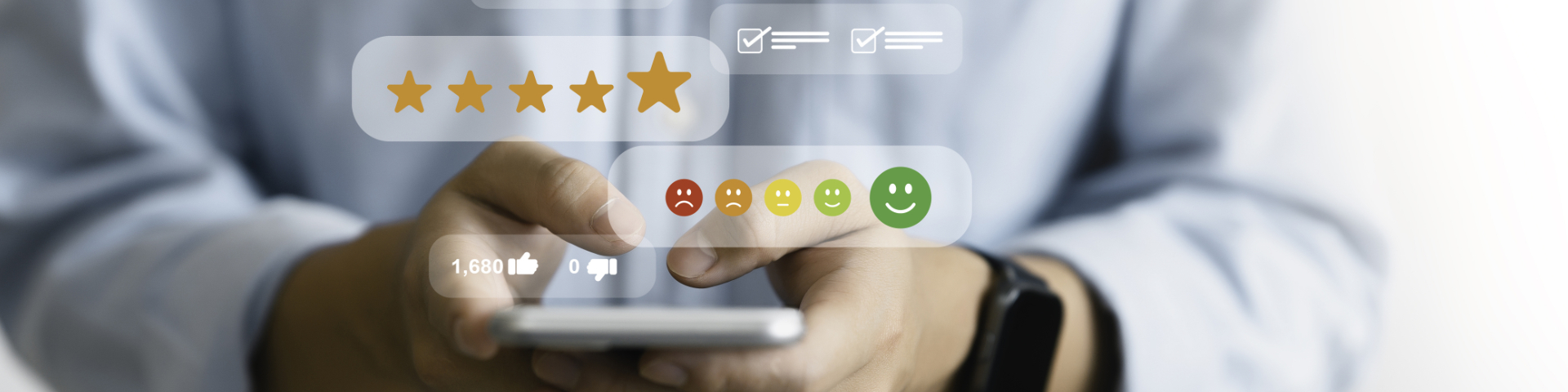 Pessoa usando smartphone com avaliações e feedback visual na tela, indicando análise de produto ou serviço com estrelas, emojis e números de avaliações.