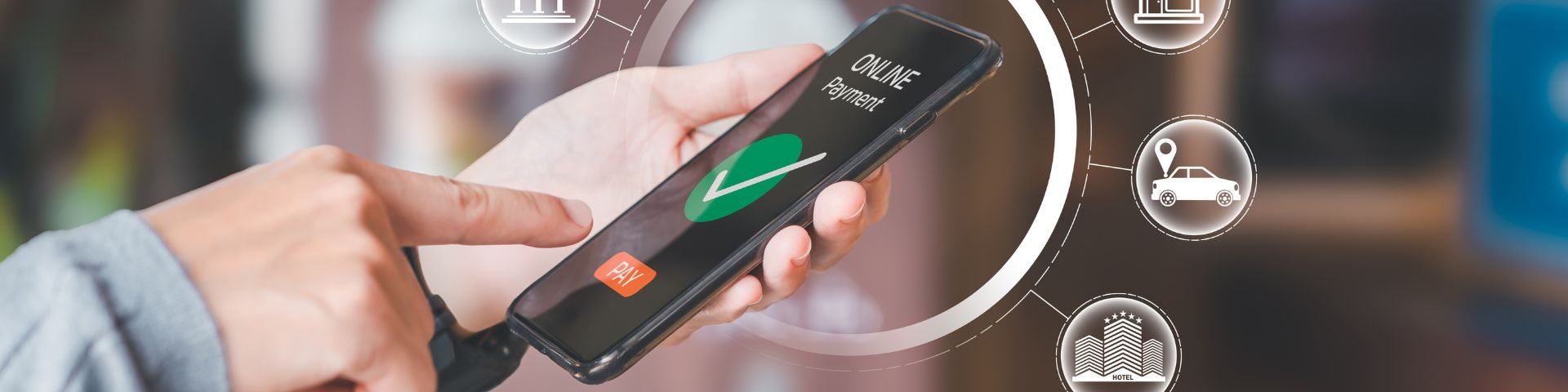 Mão toca na tela de smartphone com confirmação de pagamento online. Ícones indicam serviços e facilidade de transações via Pix.